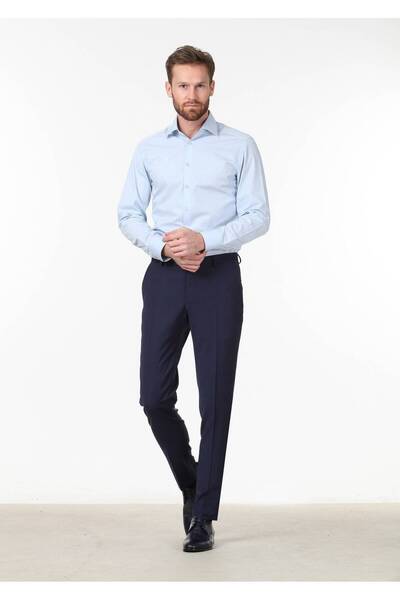 Ramsey Μπλε μονόχρωμο υφαντό κλασικό πουκάμισο από βαμβακερό μείγμα