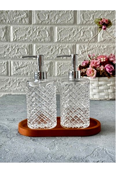 Pembelia Life Ahşap Standlı 2’li Cam 500 ml Gri Başlıklı Sıvı Sabun Bulaşık D...