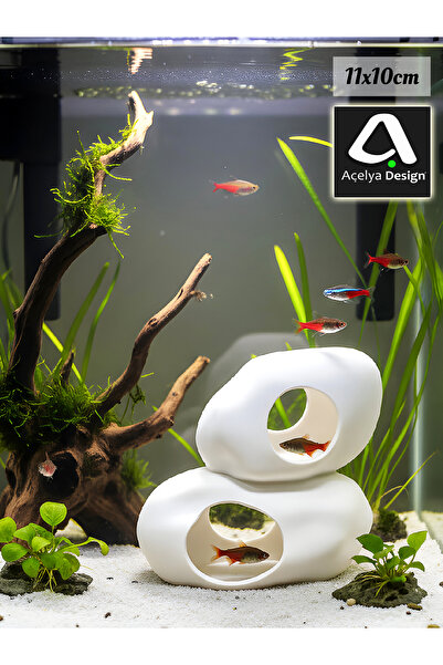 açelya3d Akvaryum Süsü Dekoru Kaya Oyuk Balık Saklanma Alanı 11x10cm Beyaz