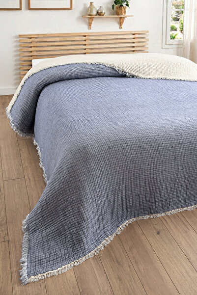 Sevim 5-Layer Quilted Muslin Quilt 240X260 cm - King Size Bedspread - Indigo