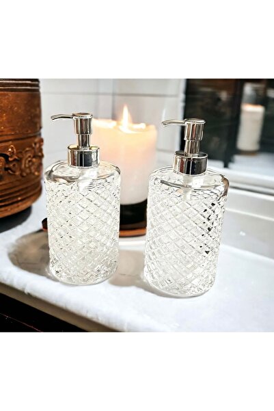 Kitchen Pembelia 2 Adet Lüks Cam Sıvı Sabun Bulaşık Deterjanı Sabunluk Set