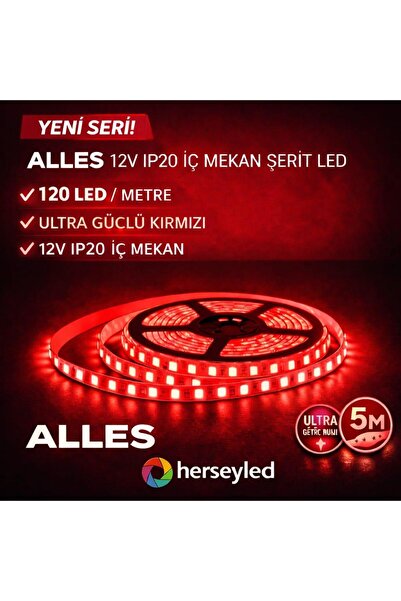 ALLES 120 LEDLİ PROFESYONEL ŞERİT LED KIRMIZI 5 METRE 12 VOLT 2835 ÇİPLİ