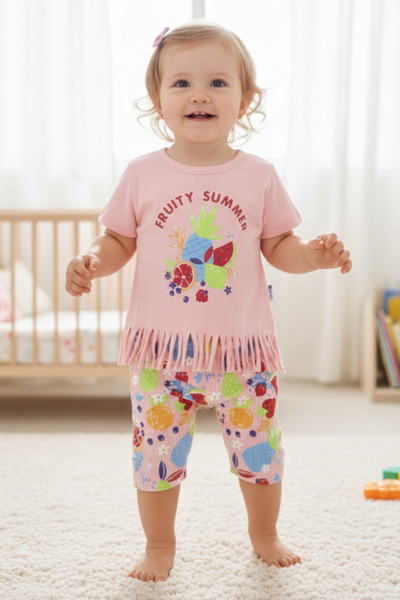 EYMİRGİYİM طقم أطفال بناتي صيفي من فروتي فروت مطبوع مزين بشراشيب من 6-9 أشهر،...