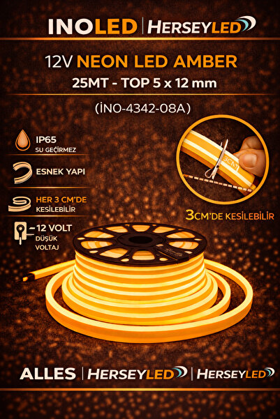 İnoled 12V NEON LED AMBER 25MT - TOP 5 x 12 mm