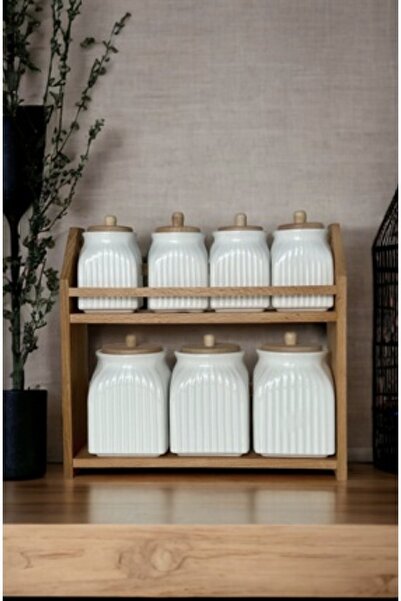 Pembelia Life Ahşap Standlı 7’li Porselen Baharat Saklama Kavanoz Seti Bahara...