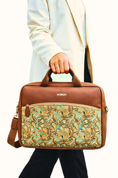 ekrudükkan Worken Leather Laptop Bag with Shoulder Strap 15.6 Inch, Front Zip...