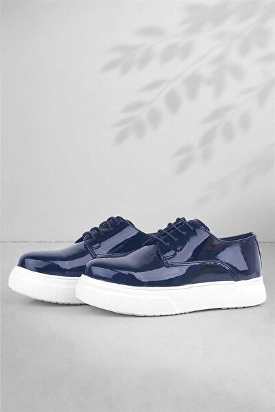 Rakerplus Klasické dětské boty Derby Navy Blue z lakované kůže s bílou podrážkou