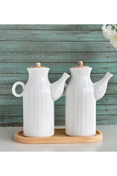 Kitchen Pembelia Bambu Standlı 2 Adet 1 lt Porselen Yağdanlık Set 3’lu Yağdan...
