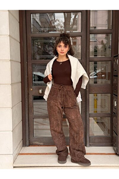 Quzu Beli Lastikli Kadife Pantolon Bol Paça