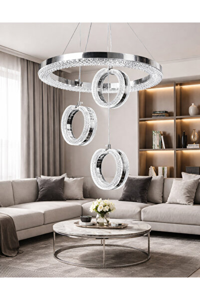 EY-EL TASARIM ALYANS KROM 3 TOPLU + ÇEMBER LEDLİ 3 RENK MODERN SARKIT AVİZE