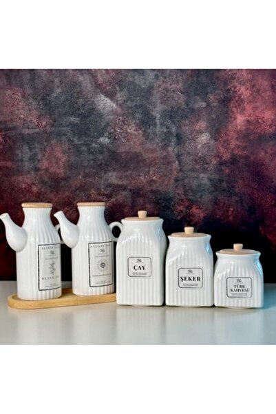 Kitchen Pembelia 2’li 6 Parça Standlı Çizgili Porselen 1000ml Yağdanlık Ve 3’...