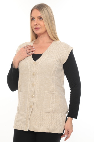 İKSUN Women's Buttoned Pocketed V-Neck Knitted Wool Mother Knitwear Winter Vest