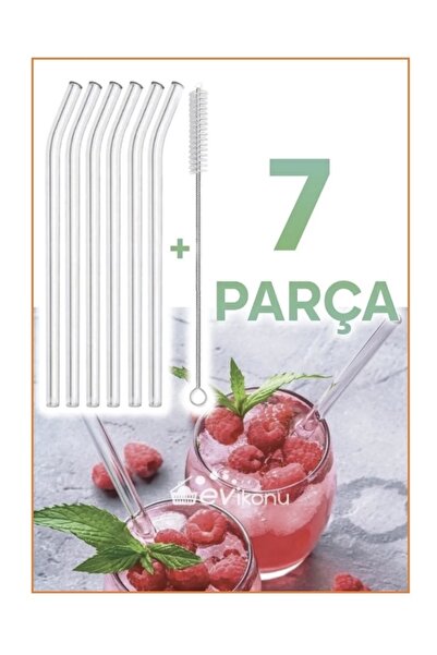Kitchen Pembelia 6 Parça Şeffaf Cam Eğimli Pipet Ve Temizleme Fırçası Kokteyl...