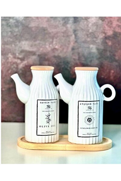 Pembelia Life Bambu Standlı 2’li Porselen 1000 ml Çizgili Yağdanlık Seti Takımı