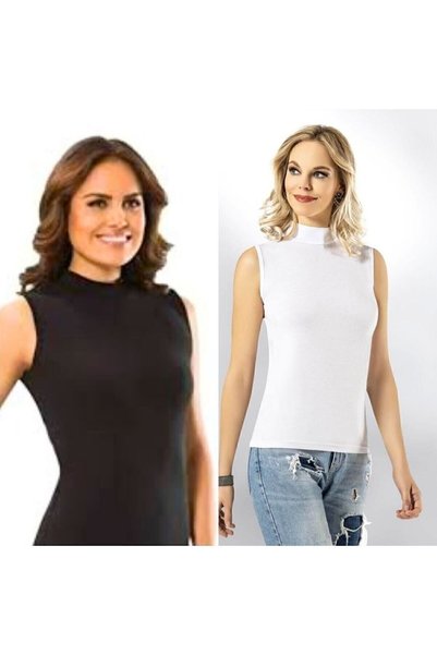 Moldina 2 Pieces of Cotton Women's Half-Treat Zero Sleeve Undershirt Kota (1 Piece Black, 1 Piece White)