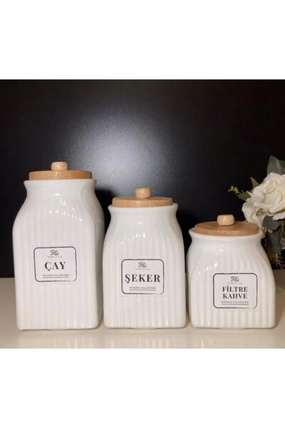 Kitchen Pembelia 3'lü Lüx Bambu Kapaklı Kavanoz Seti (Çay Şeker Filtre Kahve ...