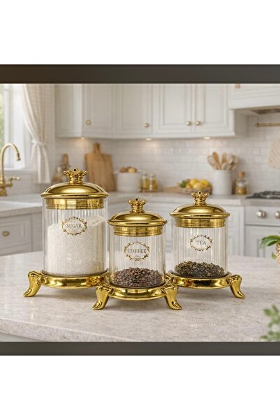 AROW Ayaklı 3’lü Gold Kavanoz & Baharat Takımı