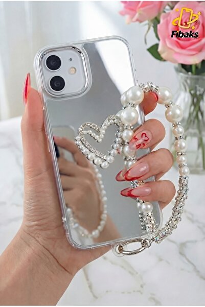 Fibaks iPhone 11 Kılıf Aynalı İnci Charm Askılı Kalp Tasarımlı Desenli Siliko...