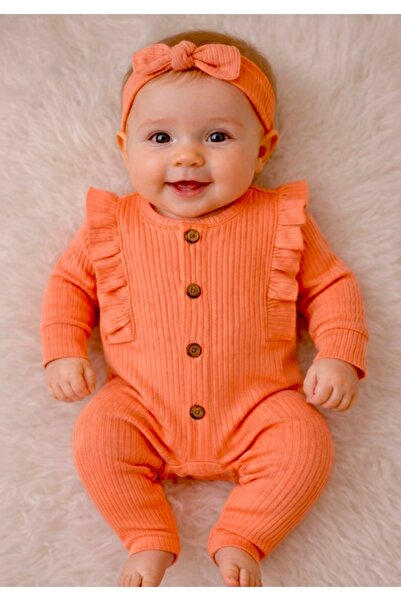 ELLO BABY Turuncu Bandanalı Fırfırlı 2’li Kız Bebek Tulum Seti 3-6-9 Aylık