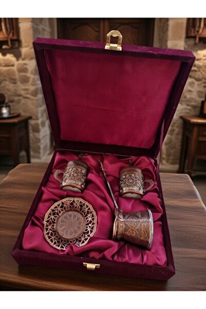 Nihal Süeda طقم فناجين قهوة نحاسية أصلية لشخصين مع صندوق مخملي