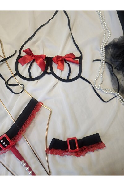 G&H UNDERWEAR İncili String Kırmızı Kurdeleli Sütyen Takımı Bacak Bantlı
