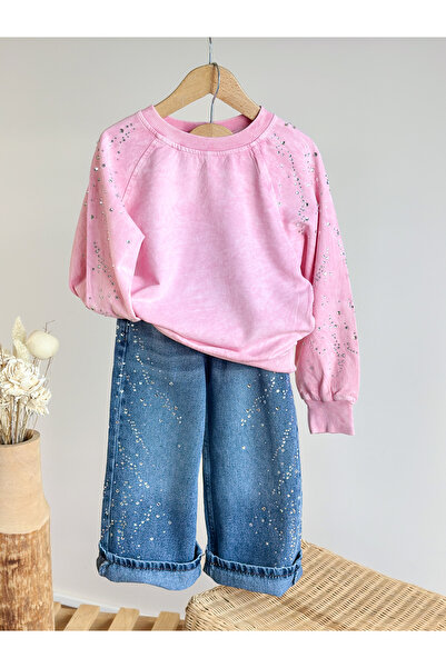 Pinkitokids Washable Stone Sweatshirt and Jeans Pants Girls' Set