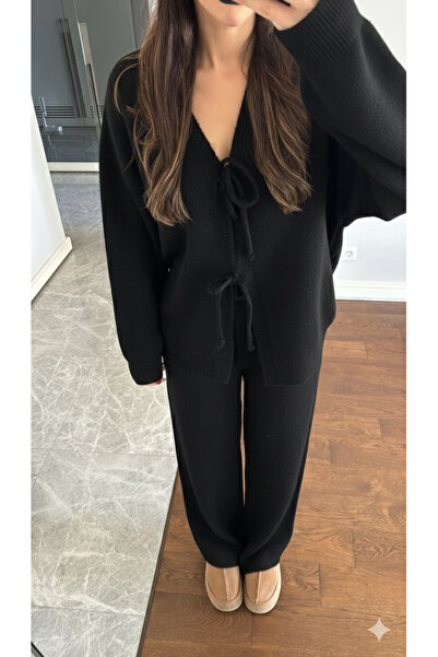 Vaveyla Black Tie-Front Cardigan Elastic Waist Pants Soft Knitwear Set