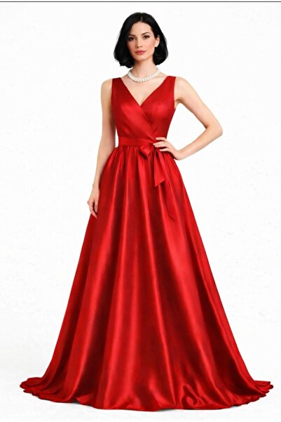 ALYEL NAKER Double-Breasted Closed-Front Red Maxi Taffeta Stylish Dress