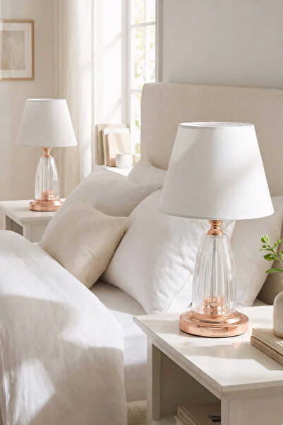 AbajurAksesuar Kuba Bakır - Beyaz Abajur 2 Adet