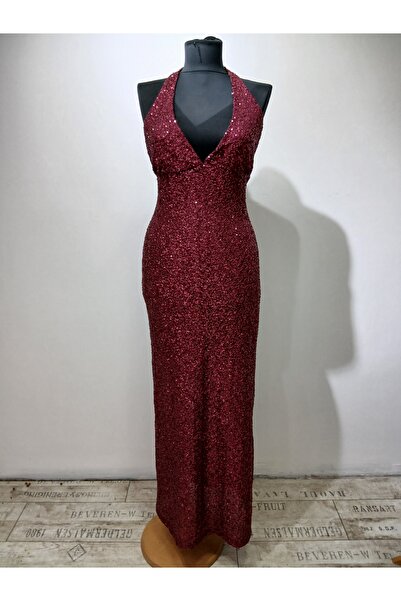 Zechka Kırmızı Payetli Derin Dekolteli Uzun Elbise