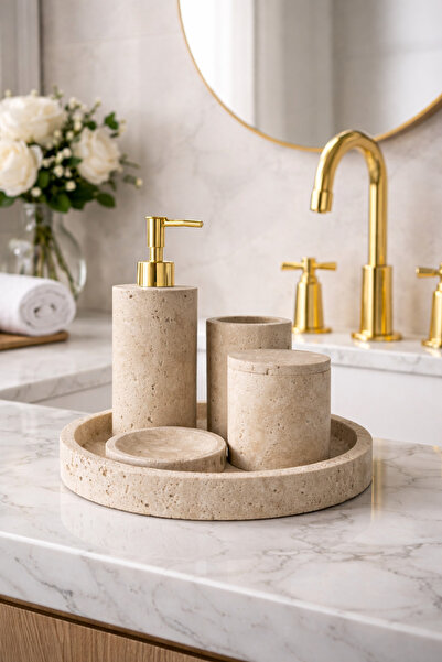 DMR HOME Doğal Traverten Taş Banyo Seti – Sıvı Sabunluk ve Diş Fırçalık | Min...