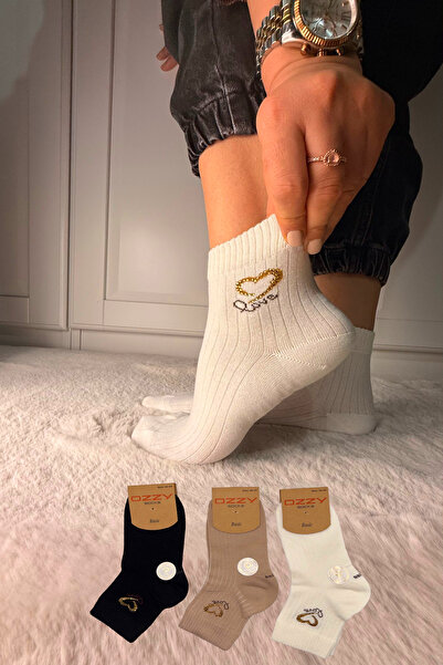 Ozzy Socks 3 Çift Kadın Taş Detaylı Dikişsiz & Takviyeli Patik Çorap