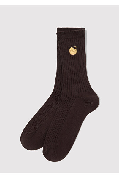 Mavi Kurabiye Nakışlı Kahverengi Soket Çorap 1913812-26823