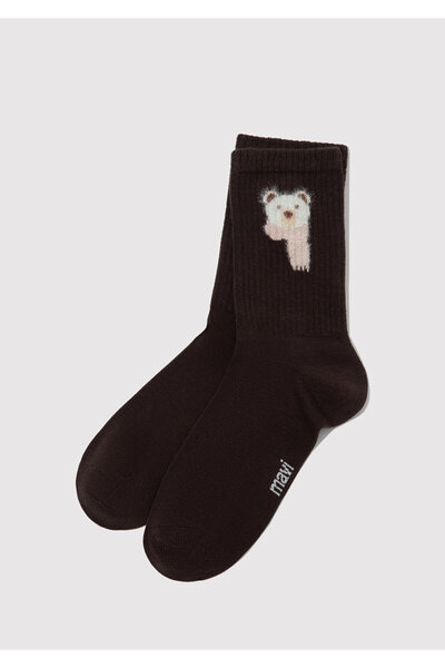 Mavi Ayı Baskılı Kahverengi Soket Çorap 1913813-26823