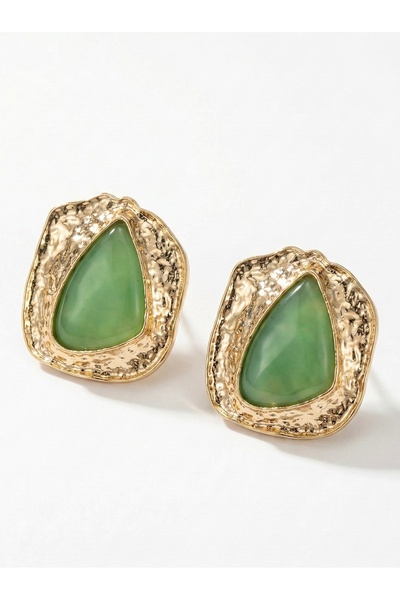 Snartun Damla Form Organic Framed Green Stone Gold Color Women's Earrings I S...