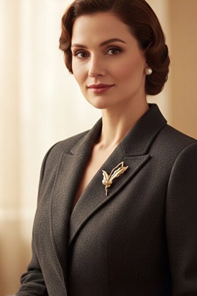 model aksesuar Yaprak Detaylı Tasarım Gold Broş