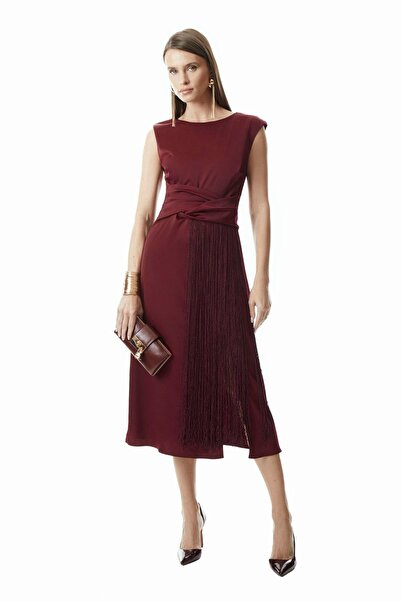 EXPLOSION Zarif Kesimi Ve Püskül Detayıyla Şık Siyah Midi Elbise