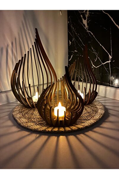 Darga Wood Shop Ceren 3'lü Dekoratif Ahşap Büyük Boy Parametrik Mumluk Seti -...