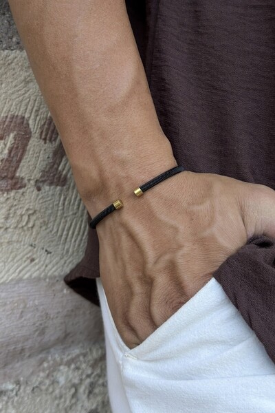 HERİF Aksesuar Erkek Örgü Kelepçe Çelik Bileklik - Siyah Renk