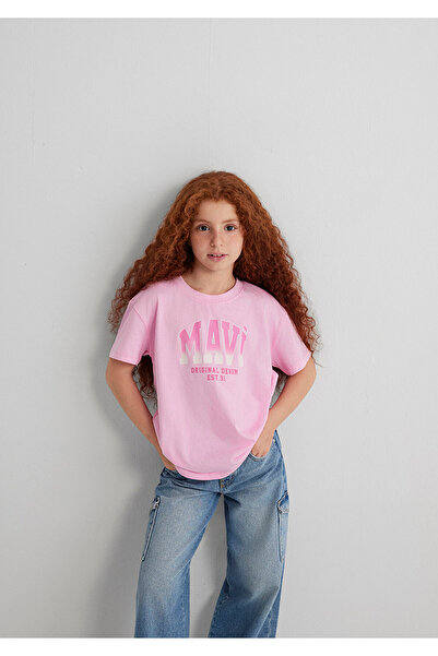 Mavi Logo Baskılı Pembe Tişört Loose Fit / Bol Rahat Kesim 7610386-70972