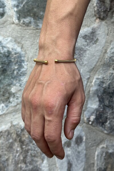 HERİF Aksesuar Erkek Örgü Kelepçe Çelik Bileklik - Altın Renk