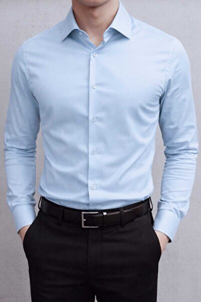 ZENGOLL & RAMİRES Erkek mavi Slim Fit Dar Kesim Düz Sert Yaka Uzun Kollu gömlek