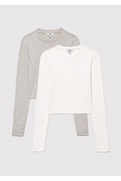 Mavi 2li Uzun Kollu Crop Basic Tişört Fitted / Vücuda Oturan Kesim 1613021-88467