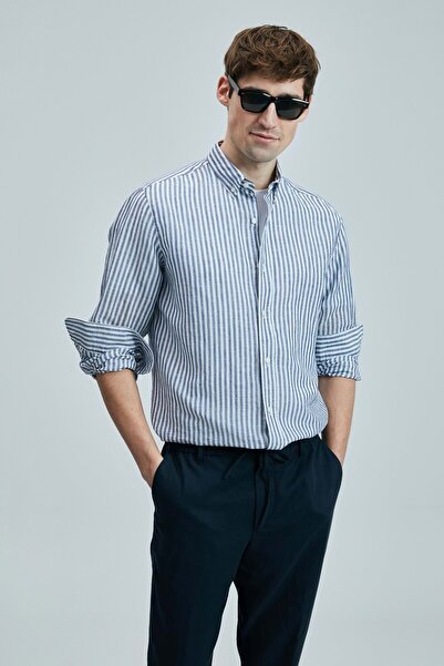 Lufian 111010631 Bert Men's Linen Cotton Shirt Regular Fit Men's Shirt Dark Blue