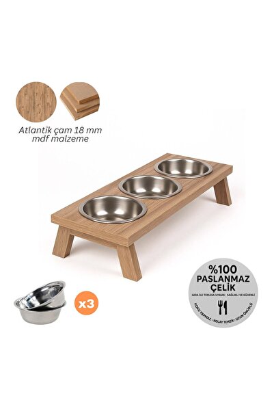 mavitrendd Üçlü Ahşap Kedi Köpek Mama Su Kabı Standı 3lü Metal Suluk Mamalık ...