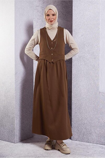 TRENDTESETTÜR KADIN KAHVE YELEKLİ ETEKLİ TAKIM T 3637