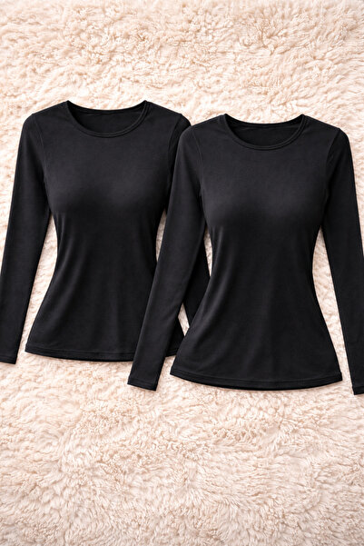 ROZELT Tricou cu mânecă lungă, negru, din bumbac modal și lycra, pentru femei...