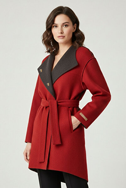 Deriderim Kırmızı Içi Siyah Astarsız Sıfır Yaka Kemerli Hafifi Ve Sıcak Tutan...