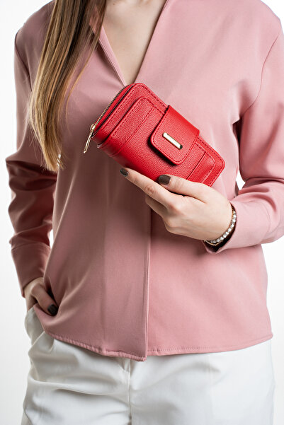 Newish Polo Women's Red Wallet with Leather-Look Zipper Compartments for Card...