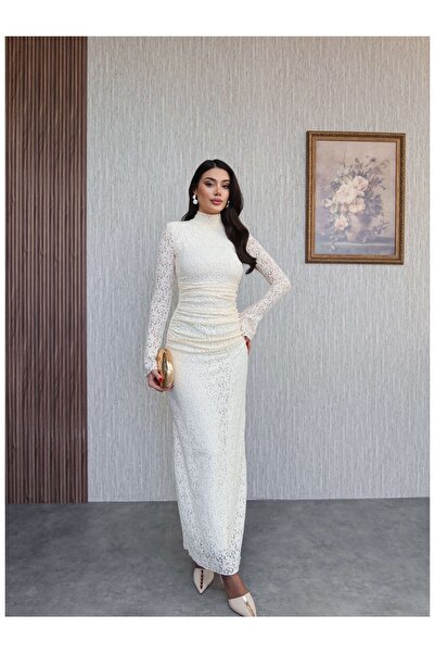 ESRAHELVACI Dantelli Omuz Vatkalı Uzun Elbise